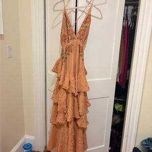 Free People Peach Tiered Ruffle Embroidered Maxi Dress